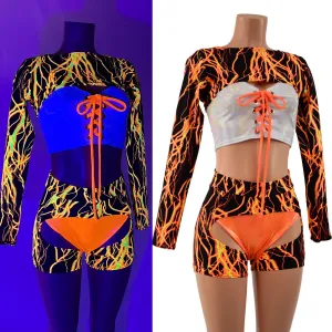 4PC Neon Orange Lightning Shorts, Chaps, Crop Top and Bolero Set