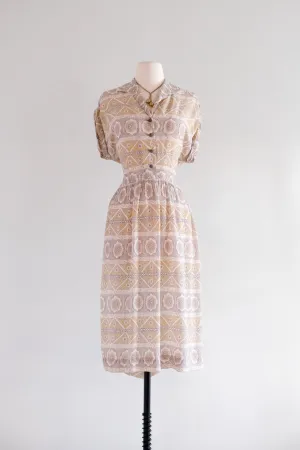 Charming 1940's Lemon Yellow Mosaic Printed Rayon Day Dress / Sz M