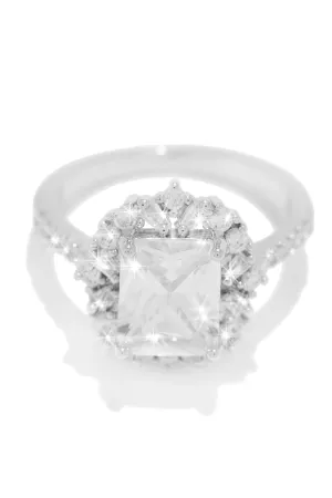 Diamante Rhodium Plated CZ Square Ring - Silver